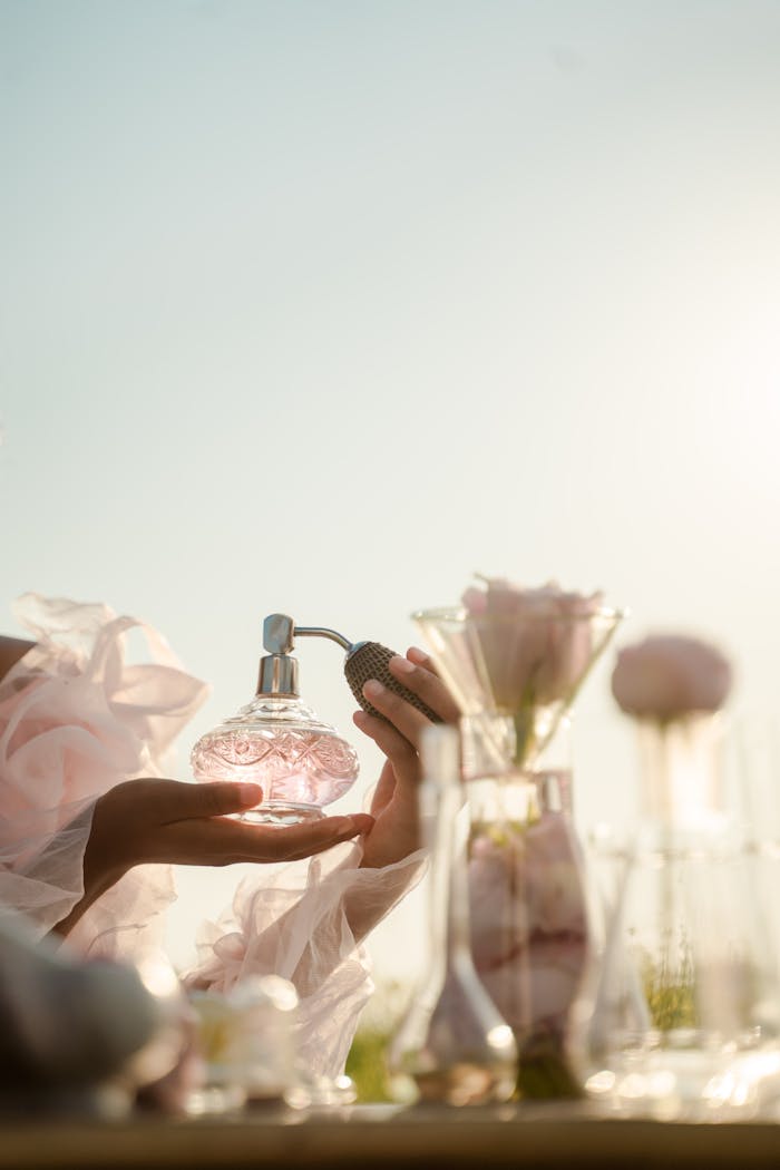A delicate perfume bottle is held with a floral arrangement in soft daylight.