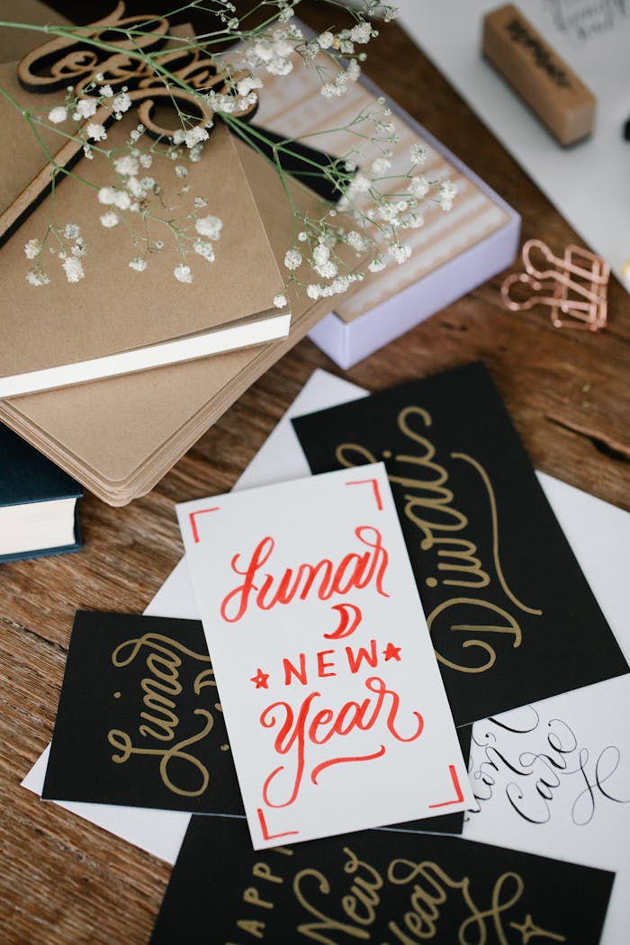 Beautiful collection of handwritten cards celebrating Lunar New Year on a rustic wooden table.